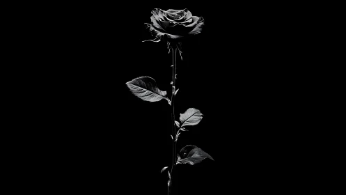 Single monochrome rose stem isolated on dark background.