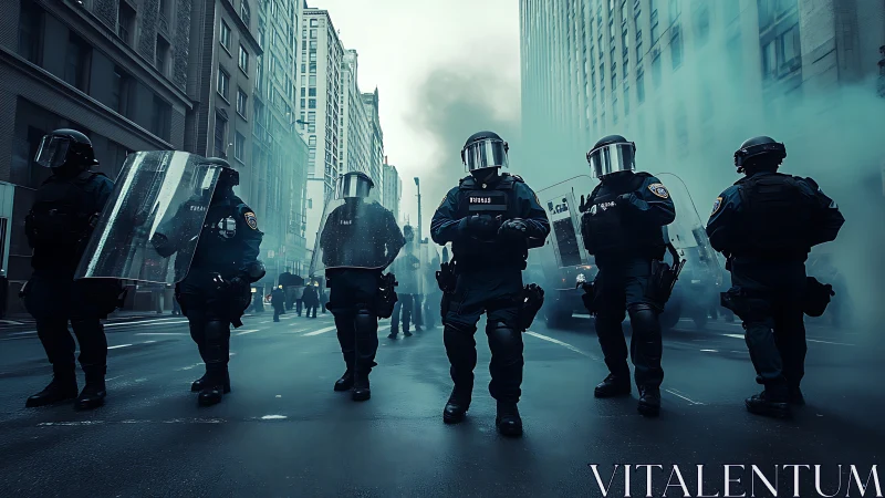 Riot police line in foggy high rise urban street corridor.