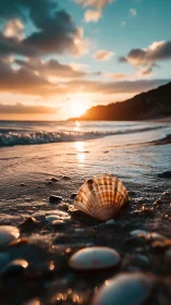 Sunlit seashell foregrounding glowing coastal sunset.