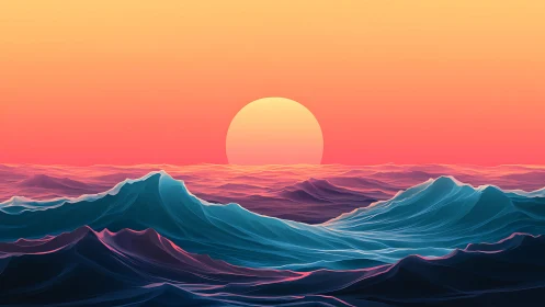 Stylized ocean waves with low sun over gradient sky.