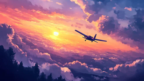 Sunlit propeller aircraft crossing vivid stratocumulus sky.