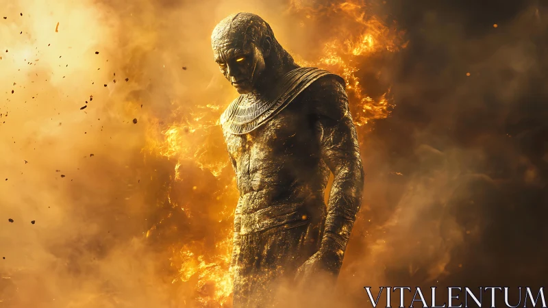 Emberforged guardian drifting through molten dusk flames.