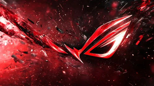 Shattered crimson emblem in explosive digital motion design.