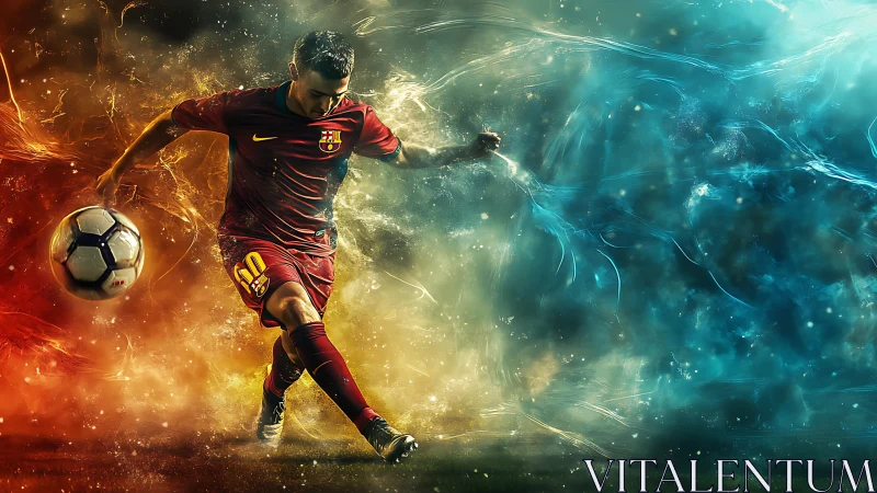 Football striker kicks ball through fiery and icy energy field