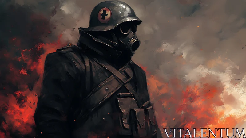 Wartime medic in gas mask stalks through smoldering inferno.