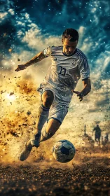 Soccer player in white kit advancing with ball on dirt field.