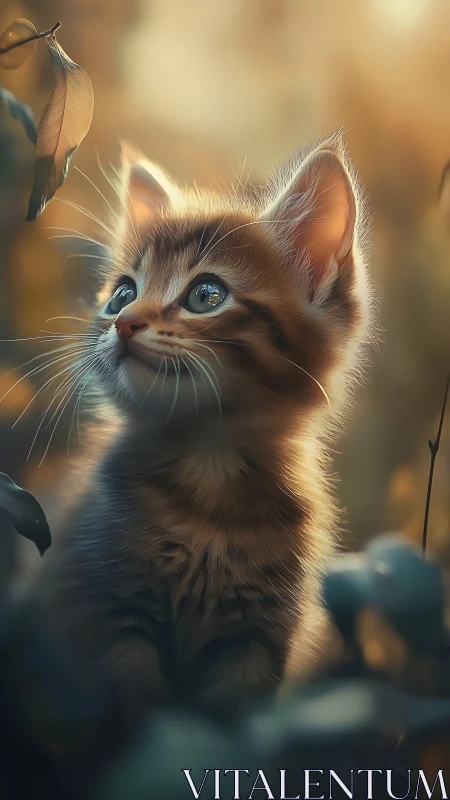 Juvenile feline specimen observed among botanical elements.