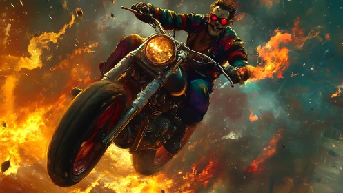 Motorcyclist with flaming backdrop in stylized urban chaos.