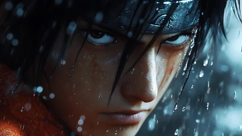 Rain‑slick resolve carves stormlight across a warrior’s gaze