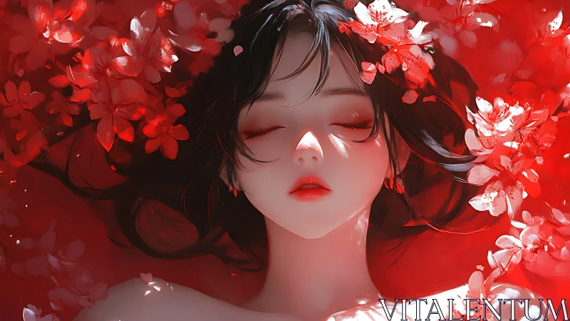 Anime portrait in crimson floral immersion with soft lighting.