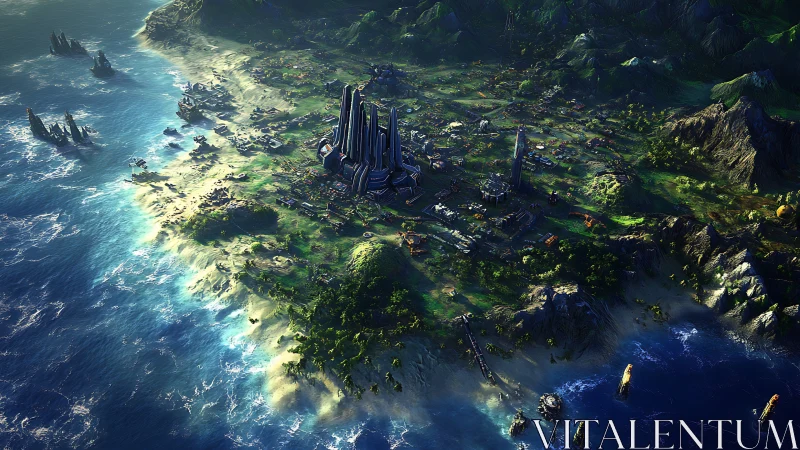 Coastal exoplanet megacity with stratified luminous habitats.