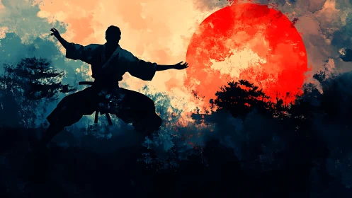 Silhouette of martial artist stands before large red sun