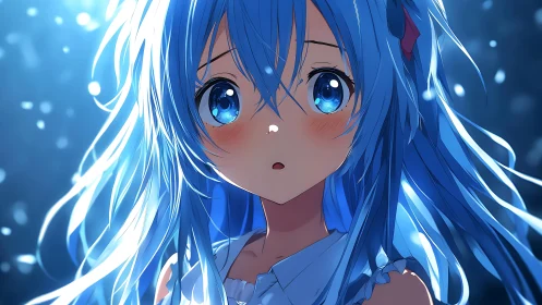 Starlit blue haired anime girl caught in quiet wonder.