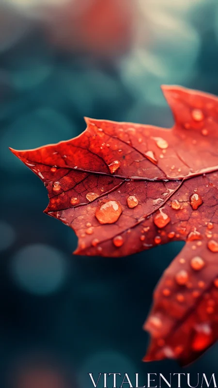 Macro study of wet red maple leaf with shallow depth of field.