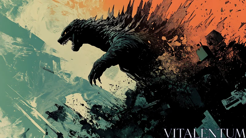 Kaiju silhouette slicing a divided sky in kinetic rupture.