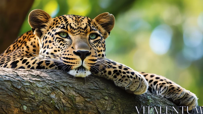 Photorealistic leopard portrait in arboreal resting pose.