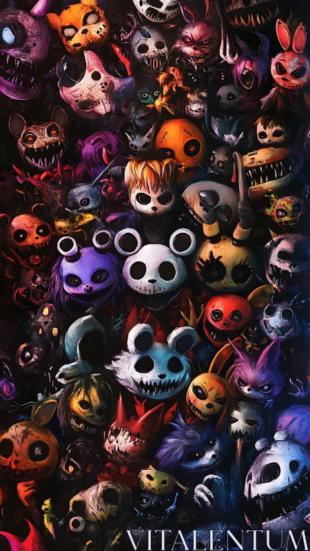 Crowded digital collage of sinister cartoon monster faces.