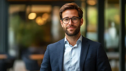 Man with glasses in business suit in modern outdoor setting.