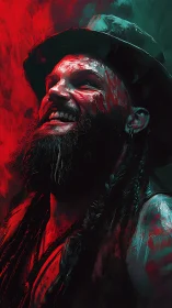 Chromatic dual-light portrait of grinning bearded figure.