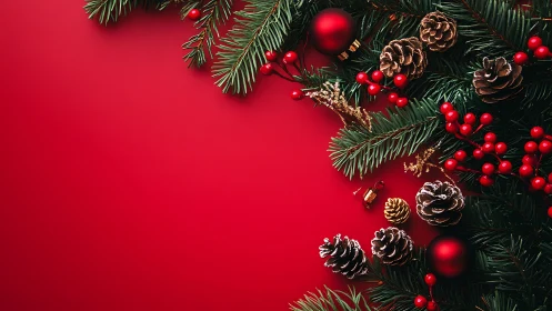 Red festive background with pine, berries and ornaments.