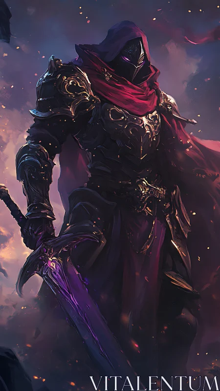 Hooded armored warrior with glowing sword in emberscape.