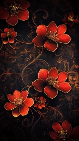 Red Luminous Flowers Golden Filigree Black Baroque.