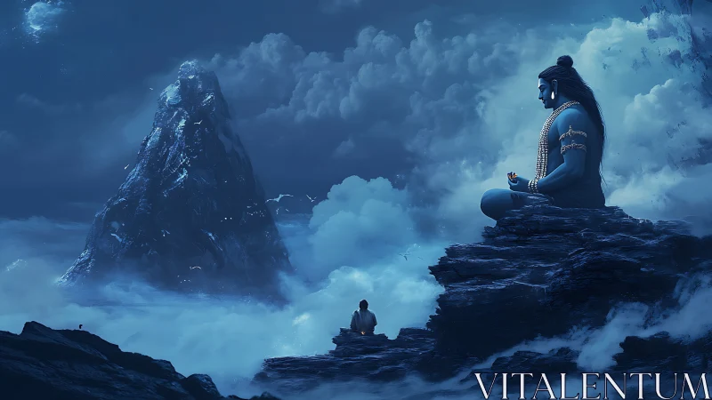 Divine blue yogi meditating above stormy twilight clouds.