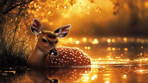 Young deer rests in shallow water under warm golden light