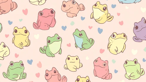 Cute pastel frog characters form seamless heart pattern