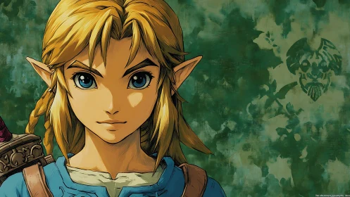 Elf-eared fantasy warrior portrait on mottled green field.