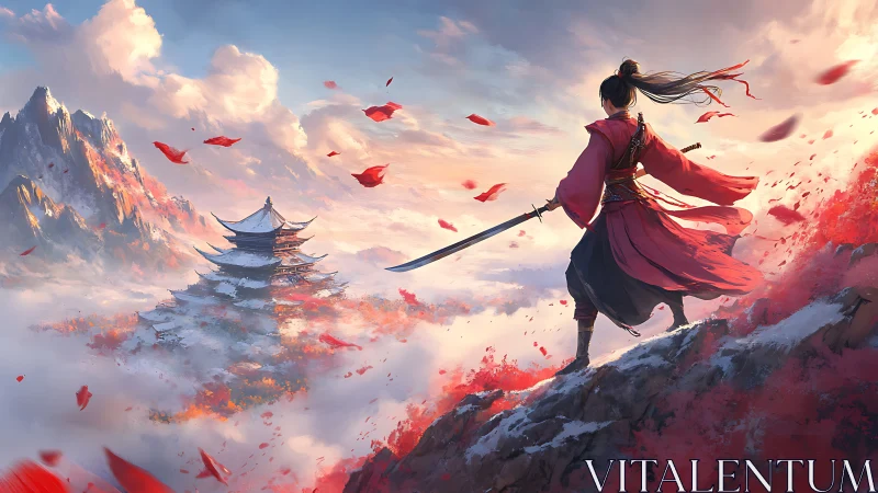 Samurai figure on cliffside above misty pagoda landscape.