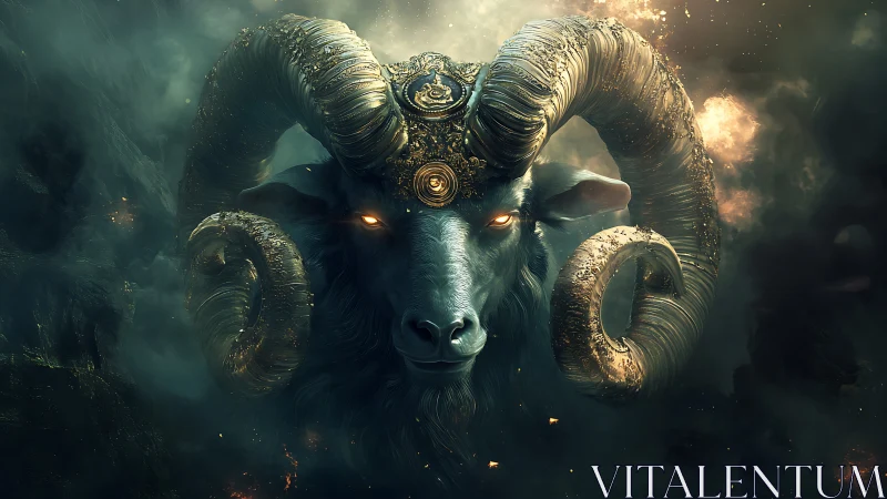 Mythic ram deity with glowing eyes in stormy abyss.