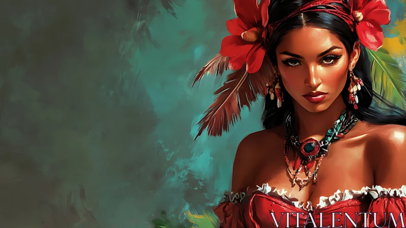 Chromatic portrait of jeweled islander in dynamic brushwork.