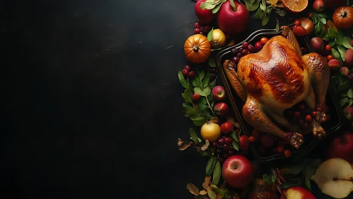 Golden roasted turkey surrounded by cozy autumn harvest.