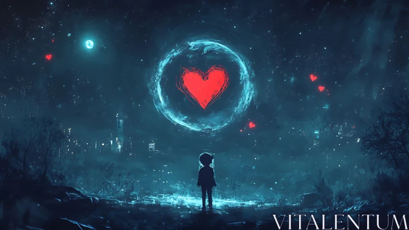 Solitary Figure Gazes at Glowing Heart in Neon Cyberpunk Cityscape