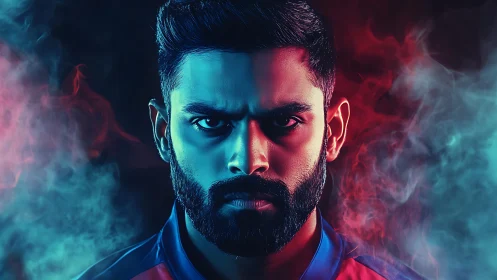 Male athlete portrait in intense blue and red split lighting