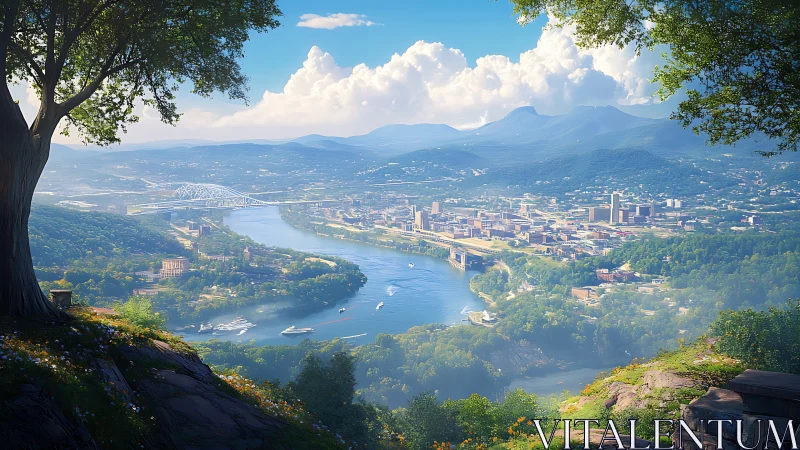 Elevated river city panorama rendered in luminous digital realism