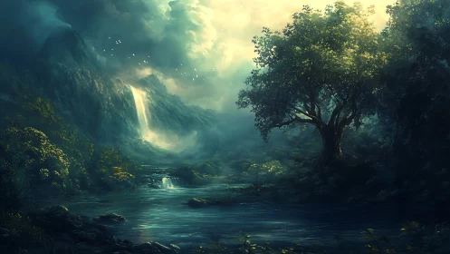 Mountain waterfall flows into misty forest river at sunrise