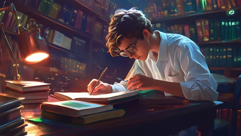 Focused student writing under warm library lamplight.