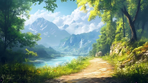 Forest path runs beside lake toward distant mountain range