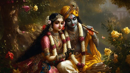 Divine couple rest in luminous forest, garlands glowing bright.