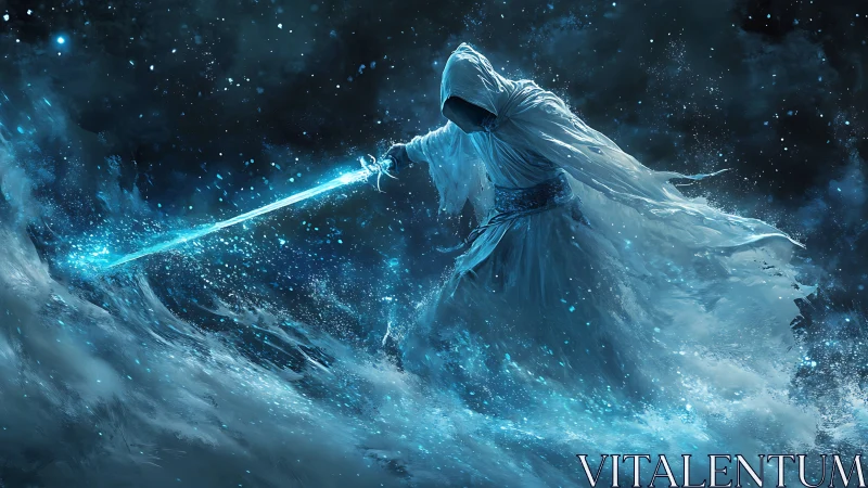 Hooded spectral warrior with glowing sword in icy void.