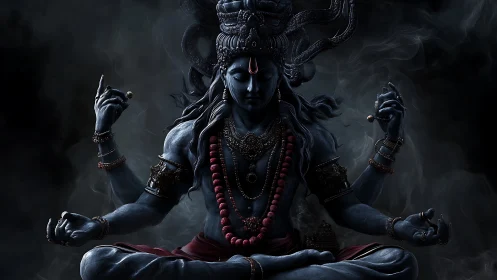 Multi-armed blue deity in seated pose within dark smoke field