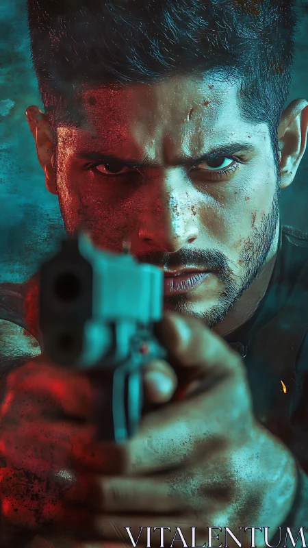 Locked‑on gunslinger framed in teal fire and red fury.