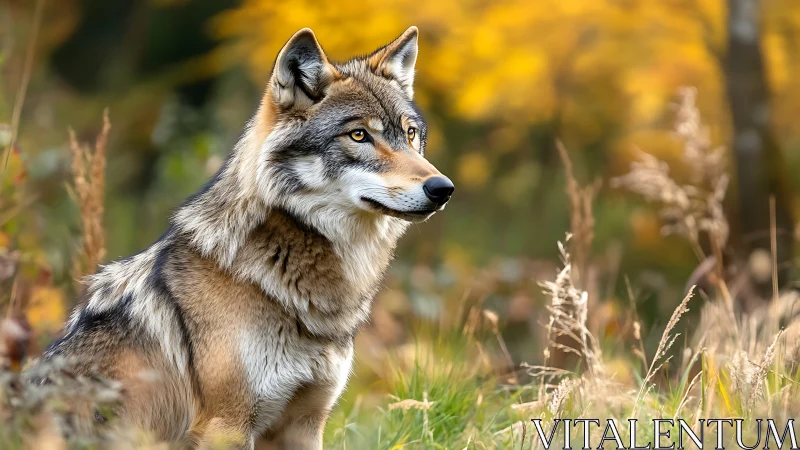 Wild grey wolf in autumn meadow with golden bokeh backdrop.