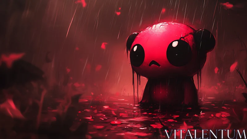 Sad red creature in rainy crimson fantasy landscape.