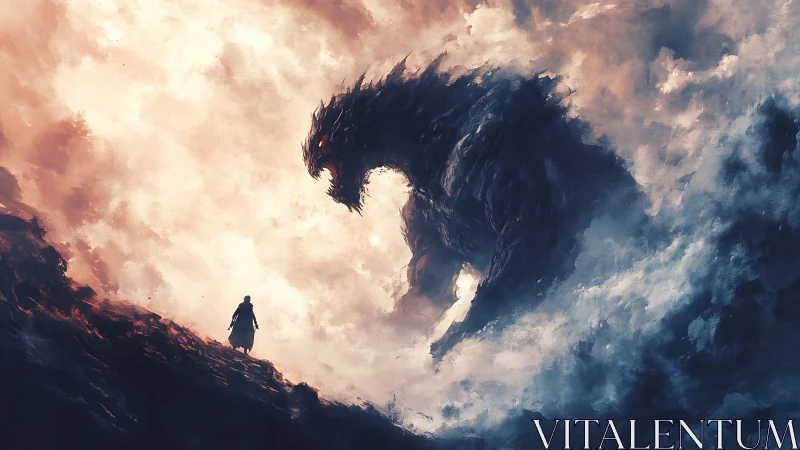 Stormborn colossus confronts lone wanderer at dusk.