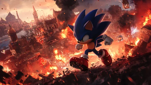 High-velocity blue hedgehog traversing incendiary ruinscape.