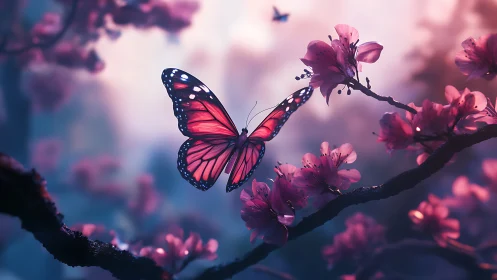 Macro-lit butterfly stabilizes mid-flight above pink blossom branch