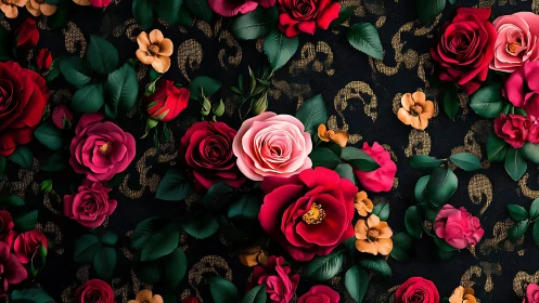 Luxurious Floral Arrangement with Red Roses and Gold Damask